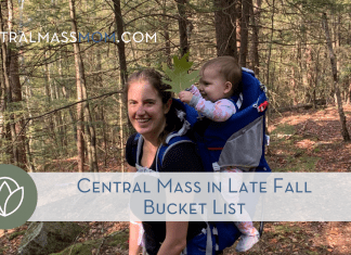 Woman Hiking with baby in backpack on Central Mass in Late Fall Bucket List Hike