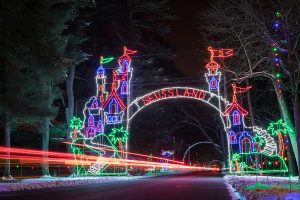An arch decorated with colored LED lights. The center reads "Seuss Land".