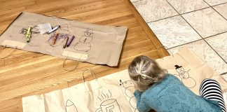 How to keep a toddler busy - toddler doodling on paper bag