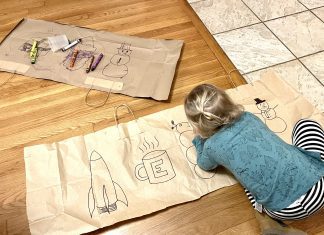 How to keep a toddler busy - toddler doodling on paper bag