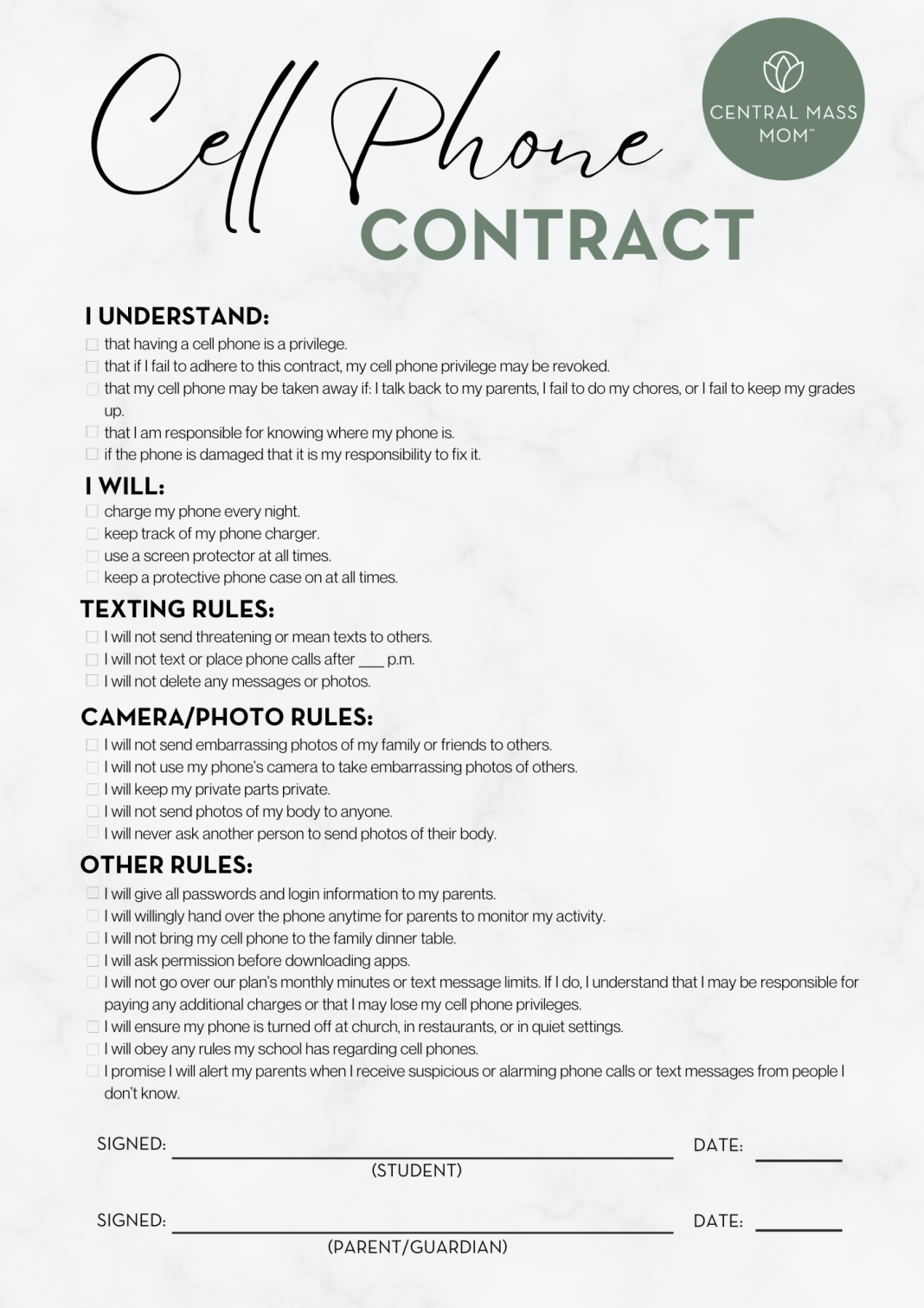 Cell Phone Contract Free Printable 