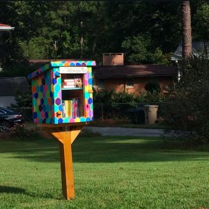 Wood Little Free Library painted in a rainbow of colors in the shape of a honeycomb in a North Carolina front yard surrounded by grass. 