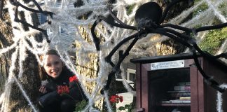 Child sits behind yarn spiderweb spelling "READ" with large fake black spiders surrounding a maroon Little Free Library.