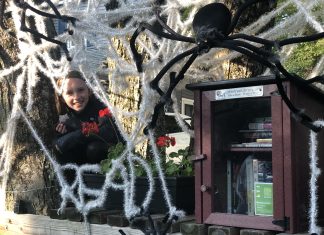 Child sits behind yarn spiderweb spelling "READ" with large fake black spiders surrounding a maroon Little Free Library.
