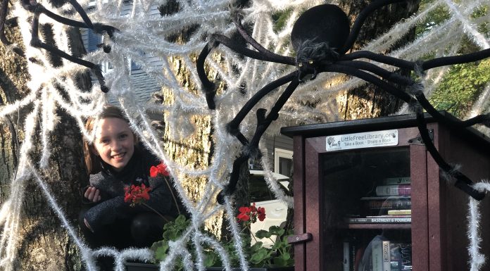 Child sits behind yarn spiderweb spelling "READ" with large fake black spiders surrounding a maroon Little Free Library.