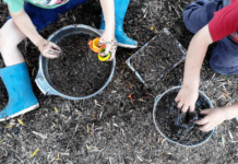2 kids playing in the dirt with buckets for an inexpensive at-home spring break activity