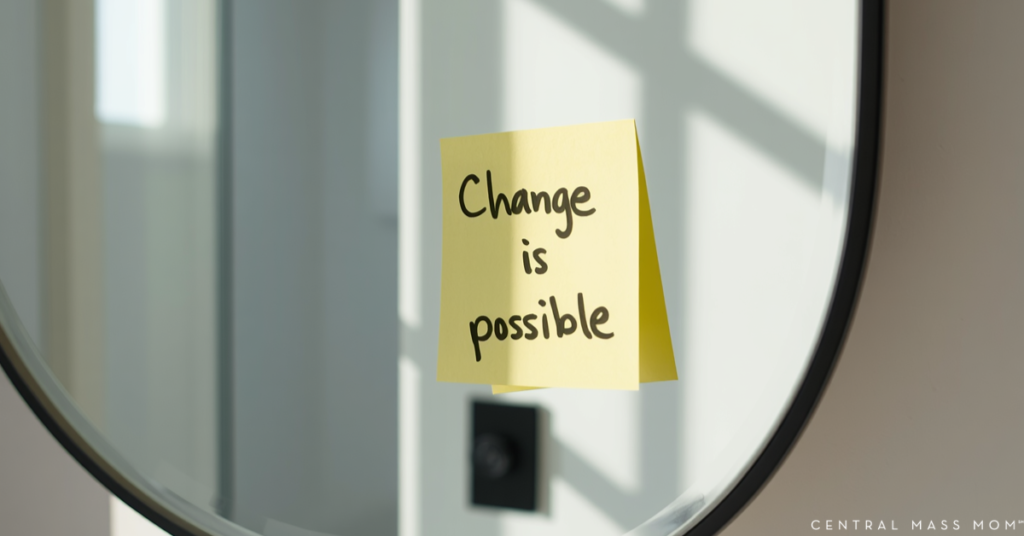 Post-it note on a mirror with a flip-the-script mantra for mental health.