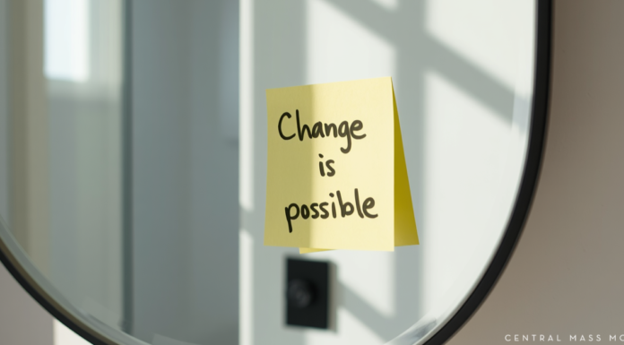 Flip the Script: A Mindset Reset This Mental Health Awareness Month Post-it note on a mirror with a flip-the-script mantra for mental health.